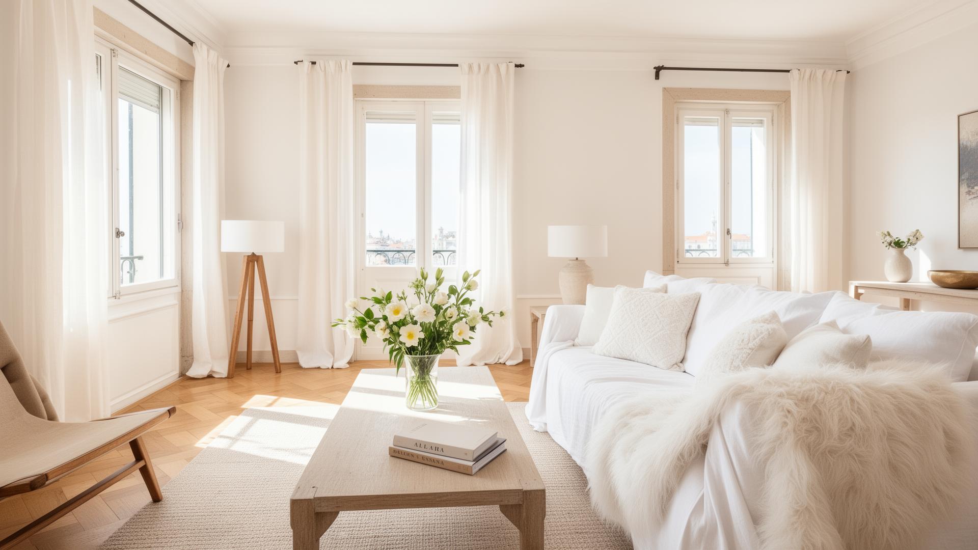 Sala de estar luxuosa e limpa em apartamento de Lisboa